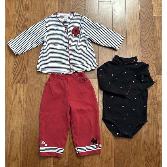 Vintage 2001 Gymboree Black White Red 3 Piece Set 18-24 Months Scotty Dog Flower - Picture 1 of 11